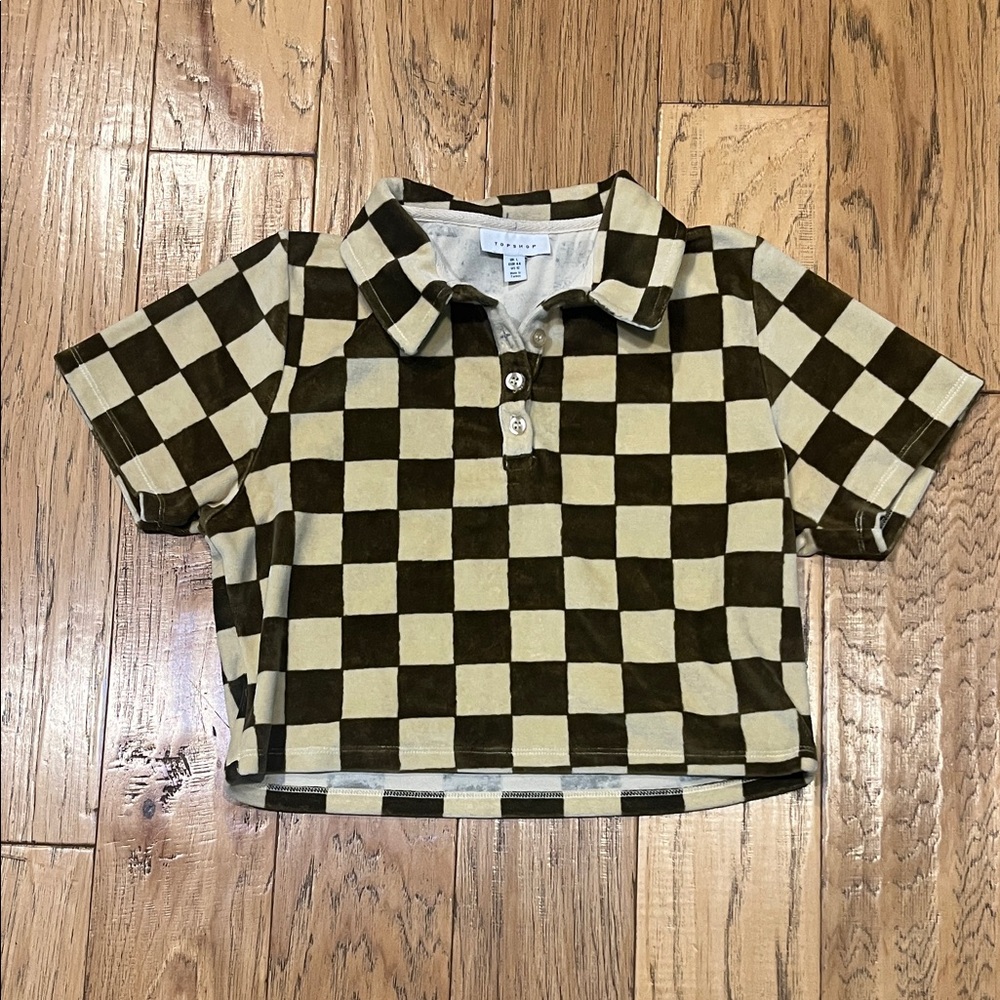 Topshop Toweling Checker board Polo in Olive and Cream - size 12